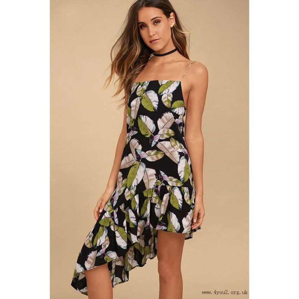 Lulus Asymmetrical Black Leaf Dress